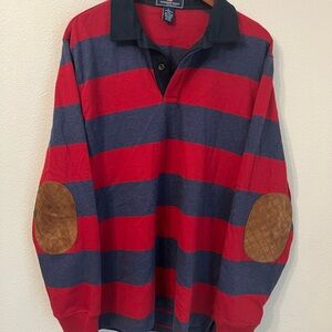 Vineyard Vines Mens Rugby Shirt Large Red Blue Stripes Long Sleeve Elbow Patches